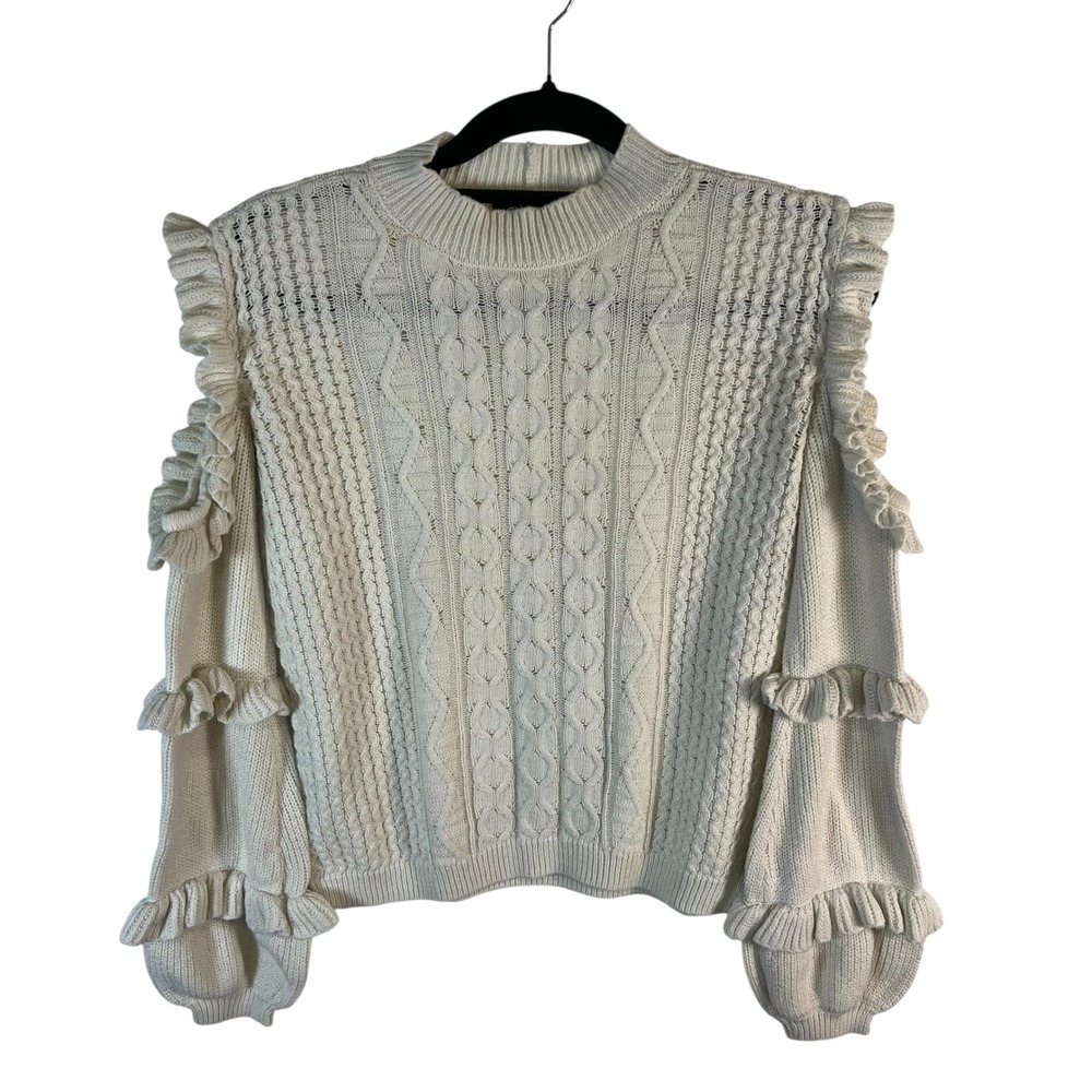 Express Womens Ivory Cable Knit Tiered Ruffle Sleeve Sweater Cream Small Cottage